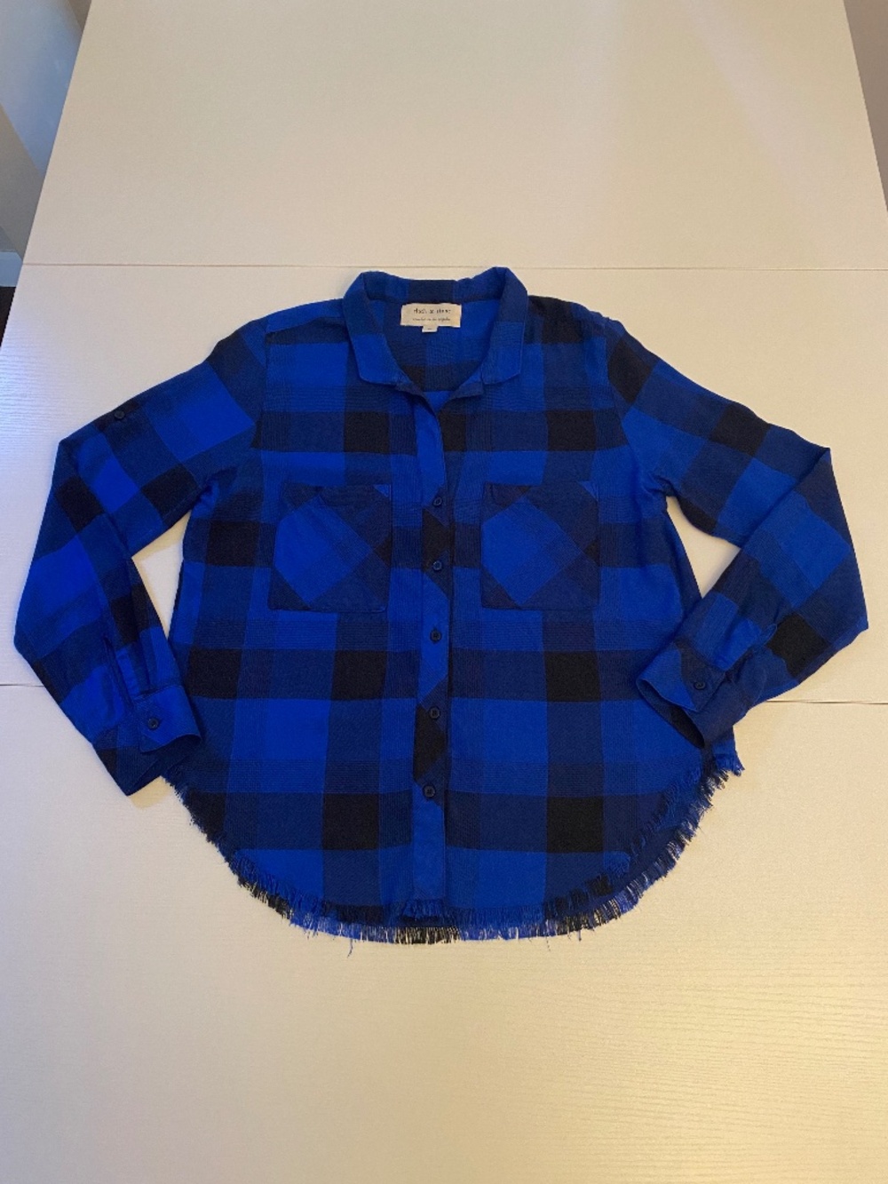 Cloth & Stone Blue Buffalo Plaid Fray Hem Flannel Shirt Size M